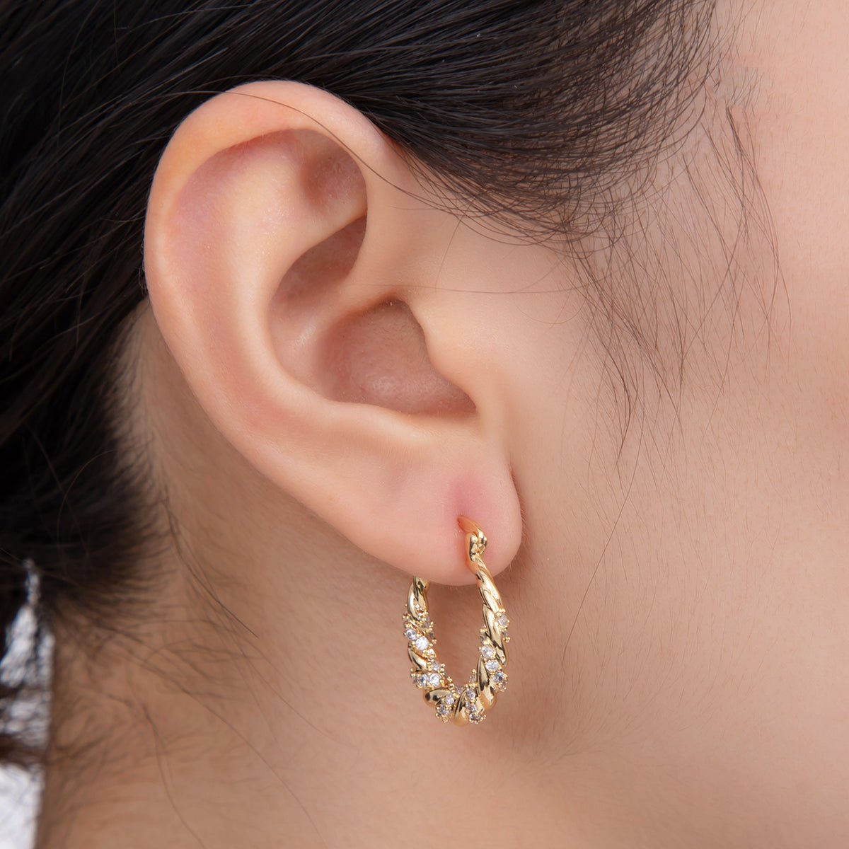 18K Gold Filled 24mm Micro Paved CZ Twisted Croissant Latch Hoop Earrings | AI359 - DLUXCA