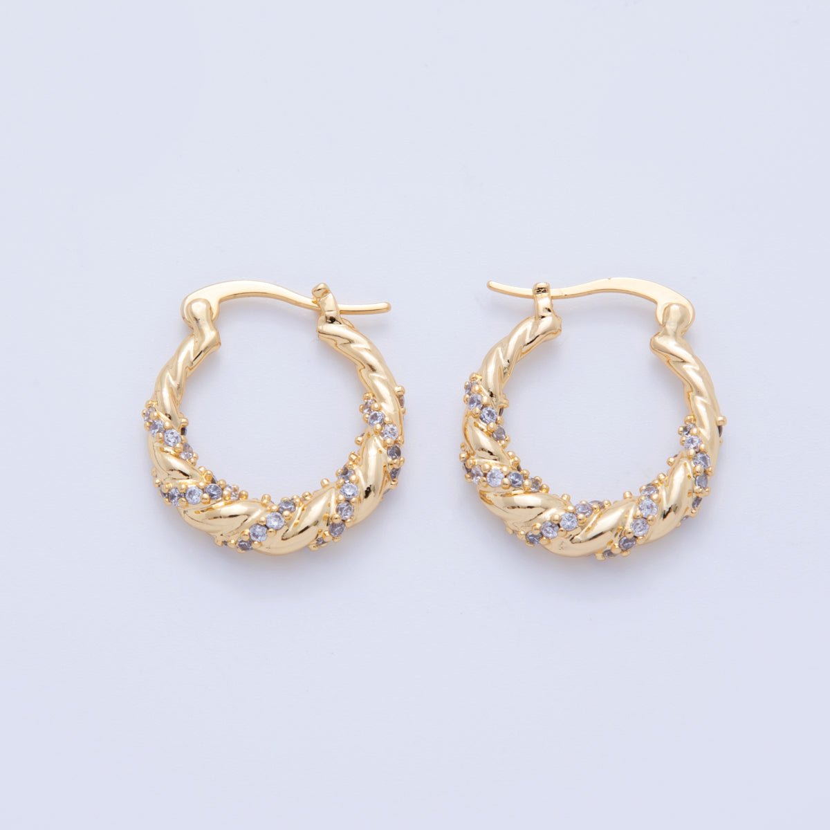 18K Gold Filled 24mm Micro Paved CZ Twisted Croissant Latch Hoop Earrings | AI359 - DLUXCA