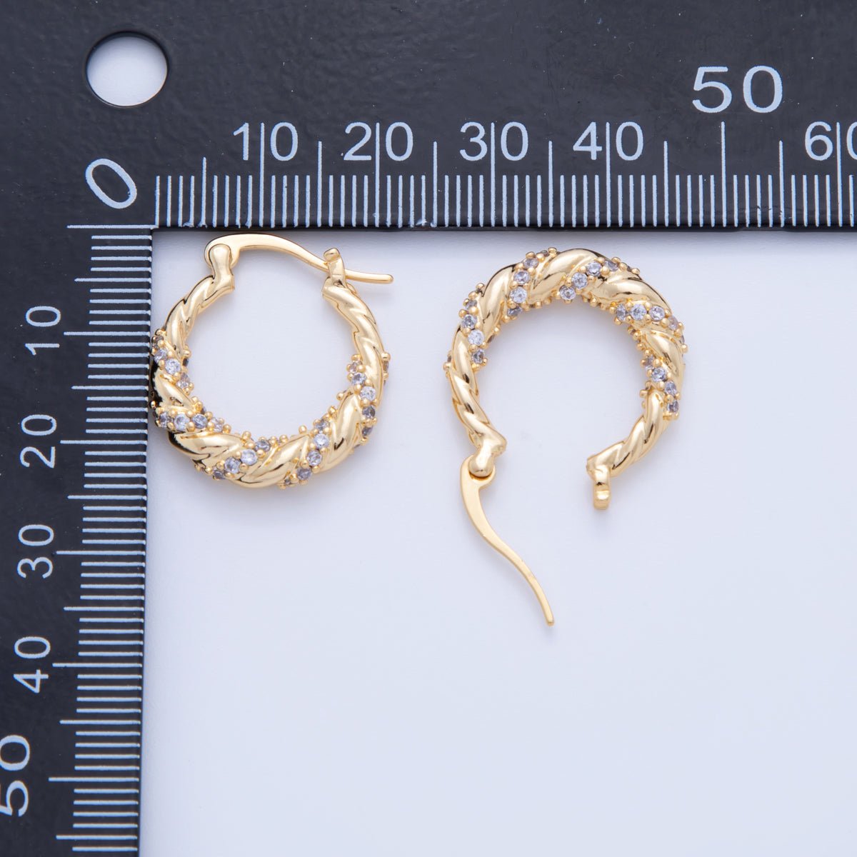 18K Gold Filled 24mm Micro Paved CZ Twisted Croissant Latch Hoop Earrings | AI359 - DLUXCA