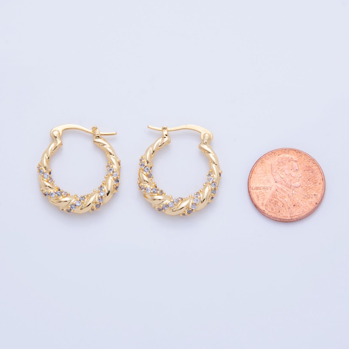 18K Gold Filled 24mm Micro Paved CZ Twisted Croissant Latch Hoop Earrings | AI359 - DLUXCA