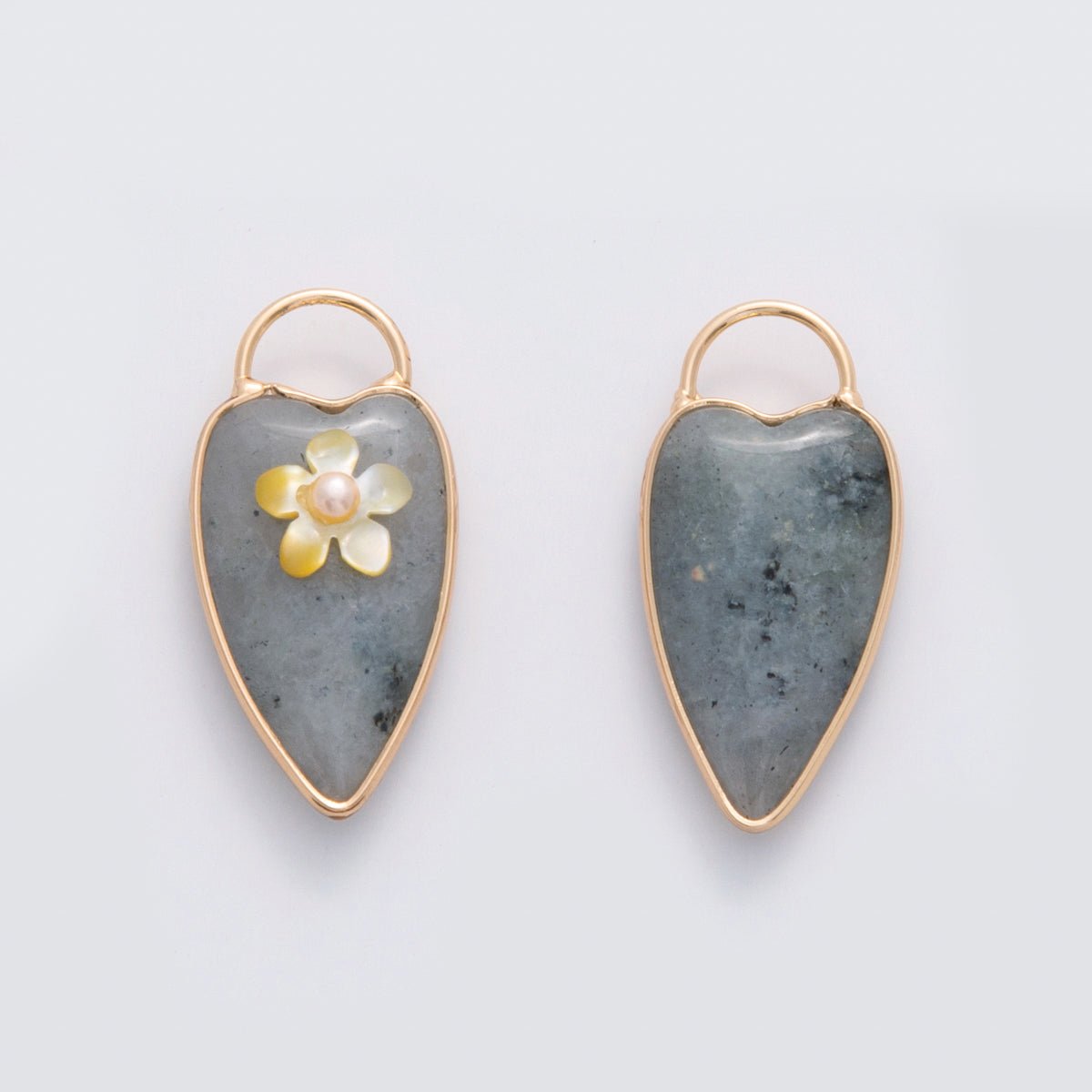 18K Gold Filled 35mm Pearl Flower Grey Agate Heart Padlock Charm | D703 - DLUXCA