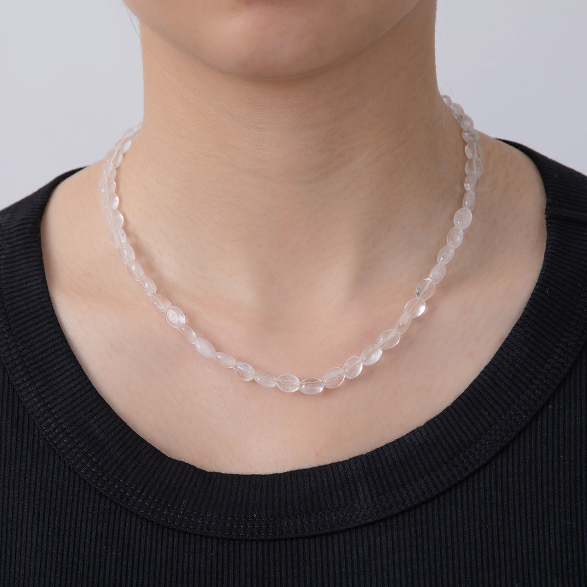 18K Gold Filled 6.5mm Clear Quartz Gemstone Oblong Oval Gemstone Bead 15.5 Inch Handmade Necklace | WA - 3283 - DLUXCA