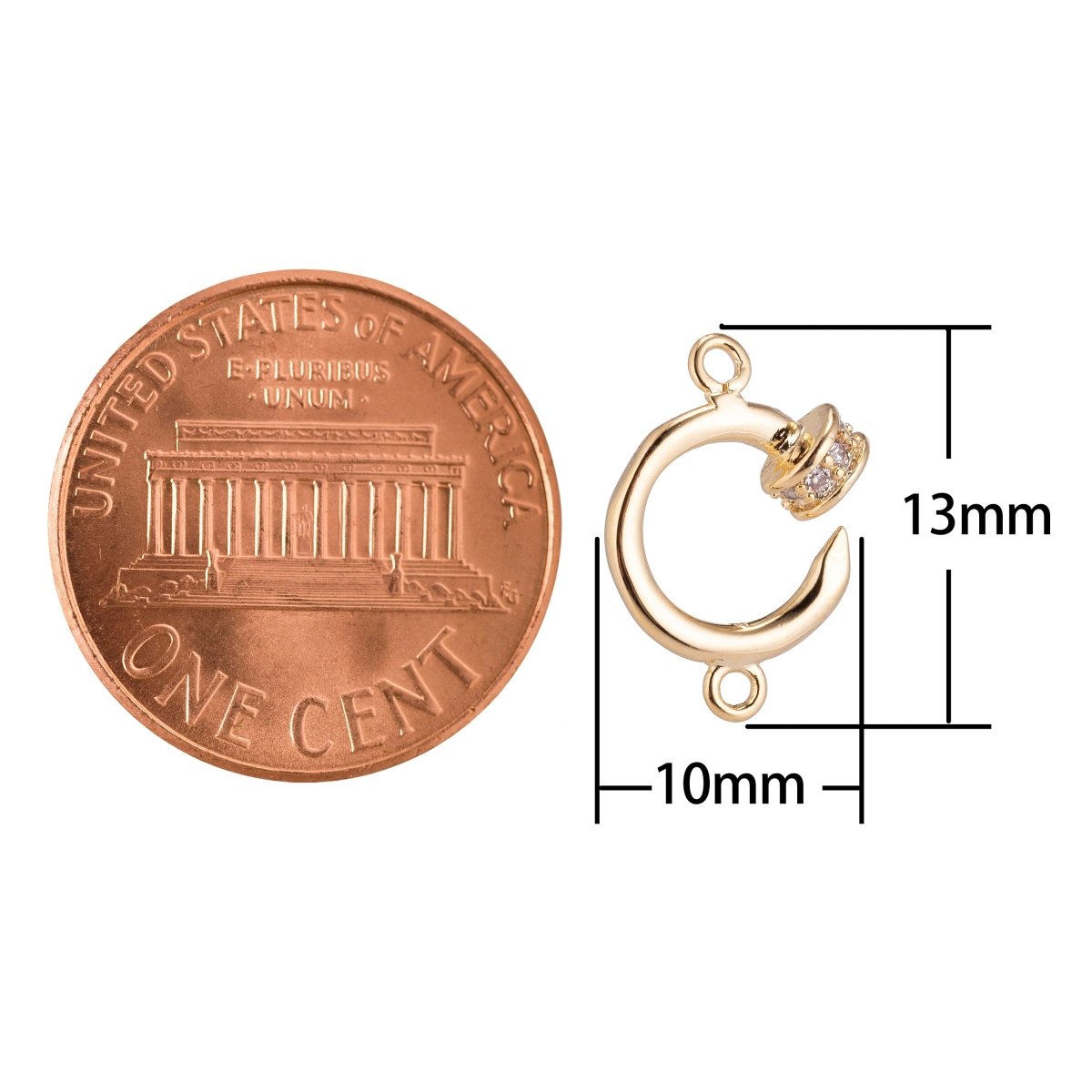 18K Gold Filled Alphabet Letter C, Hook Shape Cubic Zirconia Bracelet Charm Bead Finding Connector for Earring Jewelry Making, F-094