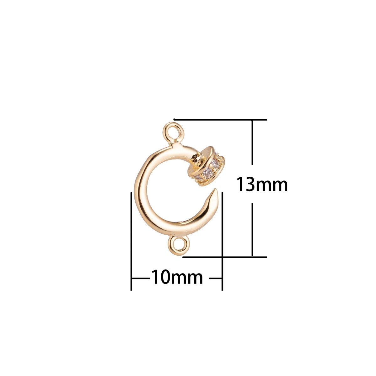 18K Gold Filled Alphabet Letter C, Hook Shape Cubic Zirconia Bracelet Charm Bead Finding Connector for Earring Jewelry Making, F-094