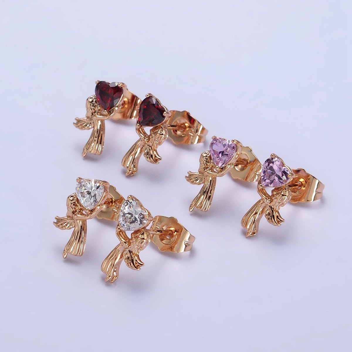 18K Gold Filled Angel Holds Clear, Pink, Heart CZ Stud Earrings | AB274 AB286 AB287