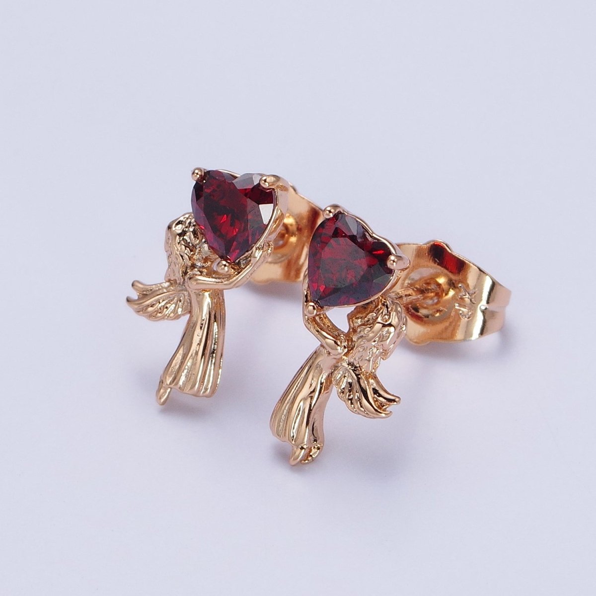 18K Gold Filled Angel Holds Clear, Pink, Heart CZ Stud Earrings | AB274 AB286 AB287