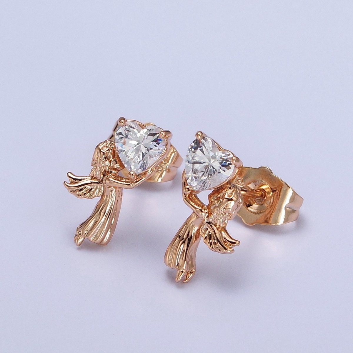 18K Gold Filled Angel Holds Clear, Pink, Heart CZ Stud Earrings | AB274 AB286 AB287
