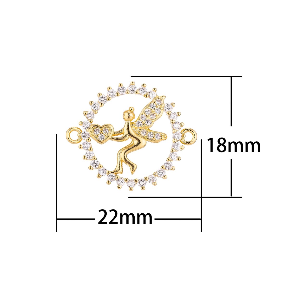 18K Gold Filled Artistic Modish Fairy With Heart On Wreath Cubic Zirconia Bracelet Charm Bead Finding Connector For Jewelry Making, F-024