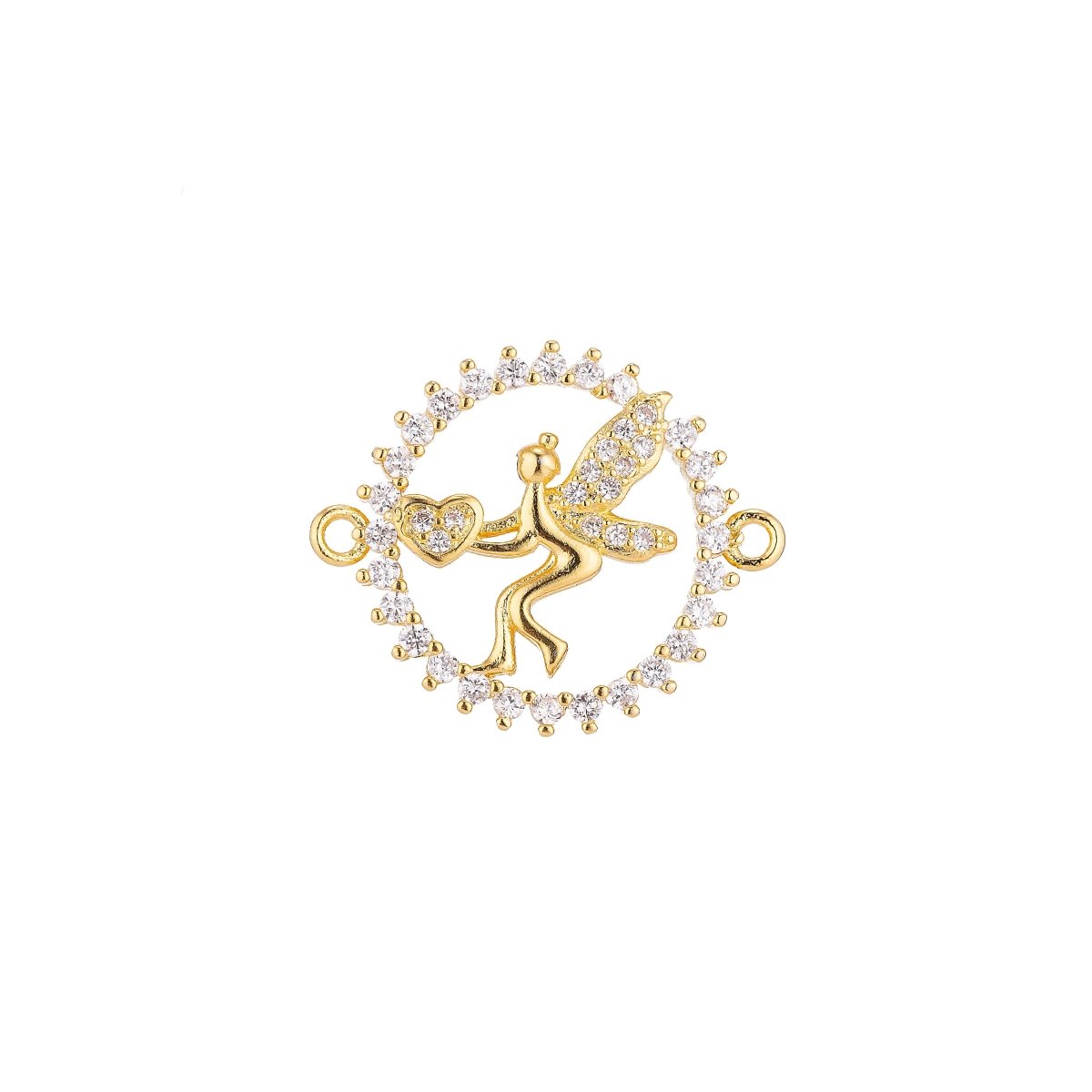 18K Gold Filled Artistic Modish Fairy With Heart On Wreath Cubic Zirconia Bracelet Charm Bead Finding Connector For Jewelry Making, F-024