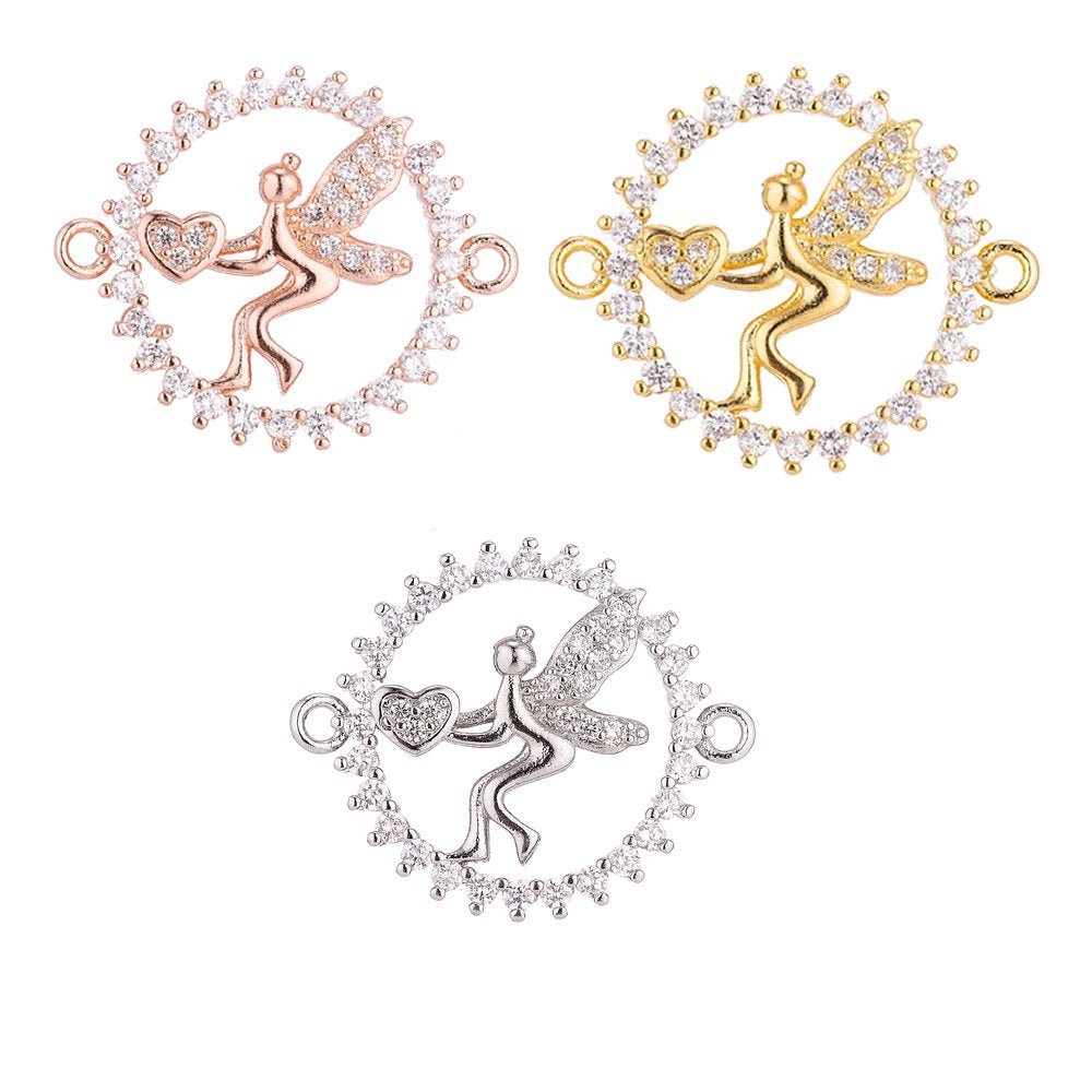 18K Gold Filled Artistic Modish Fairy With Heart On Wreath Cubic Zirconia Bracelet Charm Bead Finding Connector For Jewelry Making, F-024