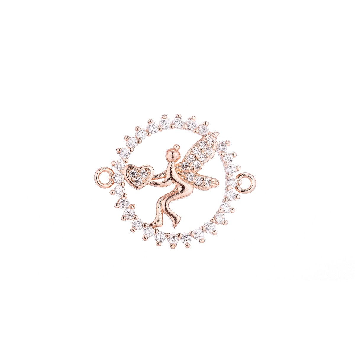 18K Gold Filled Artistic Modish Fairy With Heart On Wreath Cubic Zirconia Bracelet Charm Bead Finding Connector For Jewelry Making, F-024