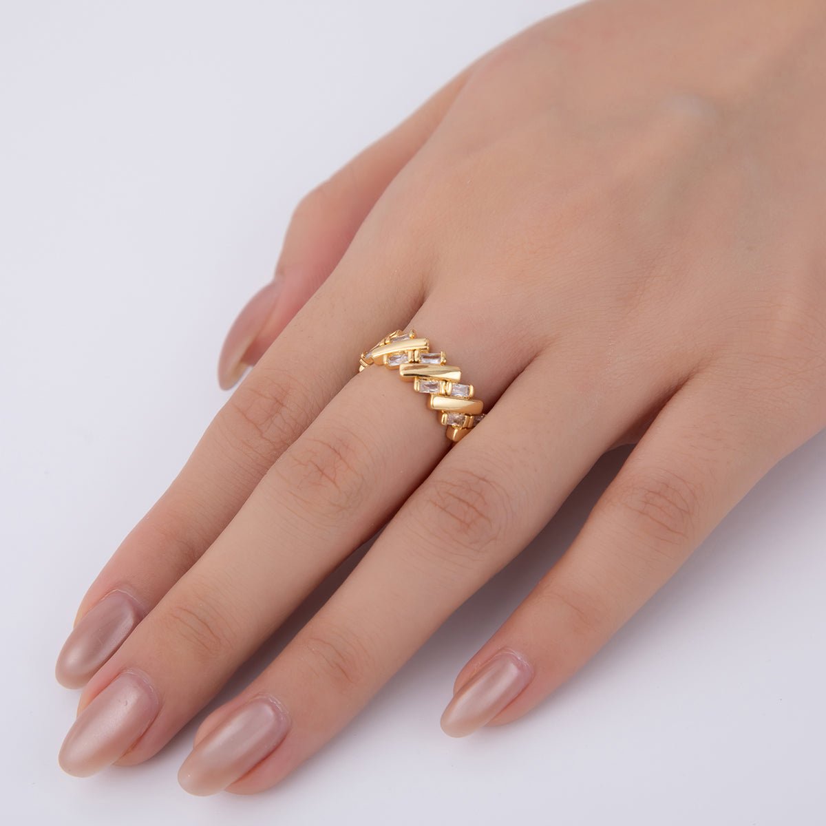 18K Gold Filled Baguette CZ Quilted Woven Ring | O1938 - DLUXCA