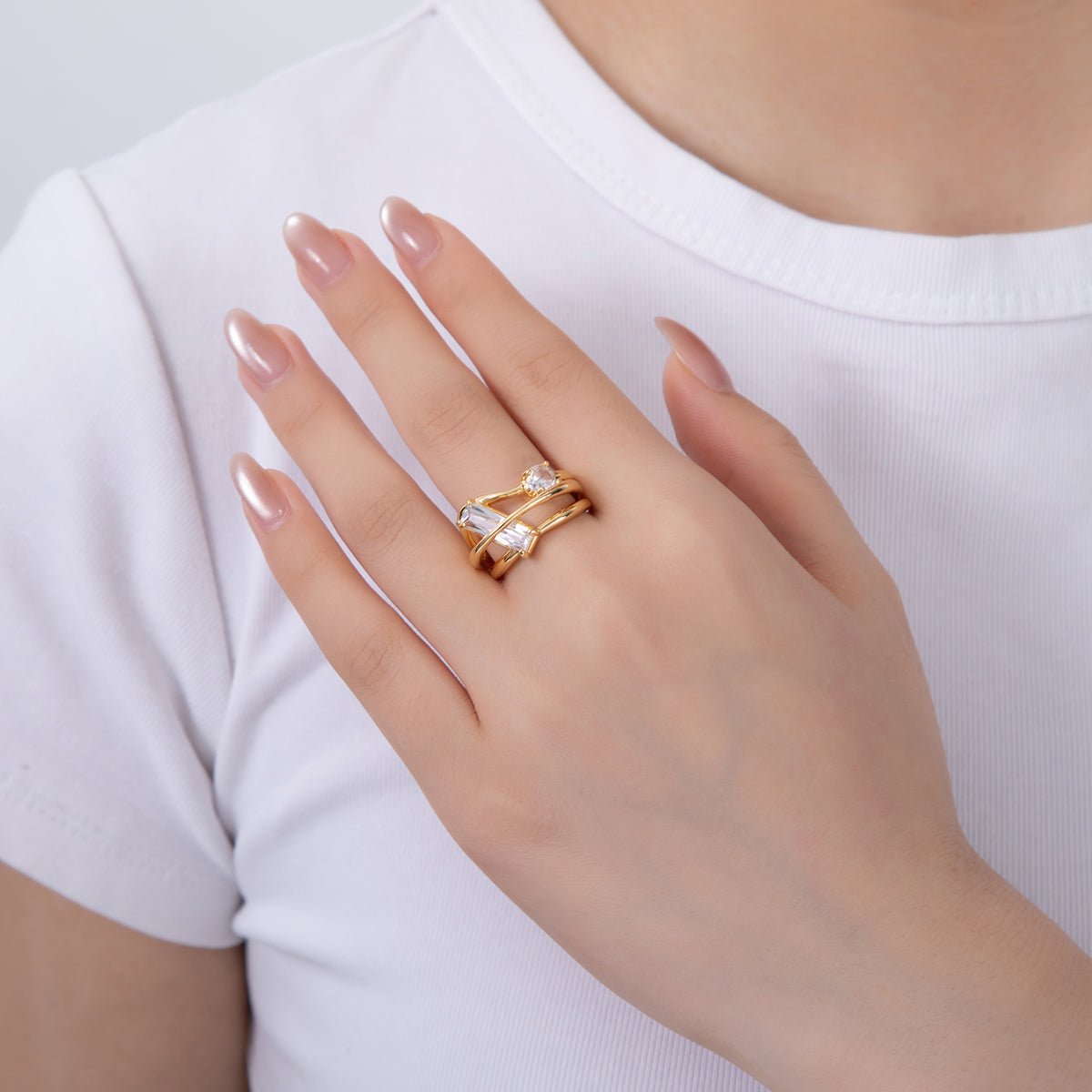 18K Gold Filled Baguette Round CZ Triple Band Ring | O1994 - DLUXCA