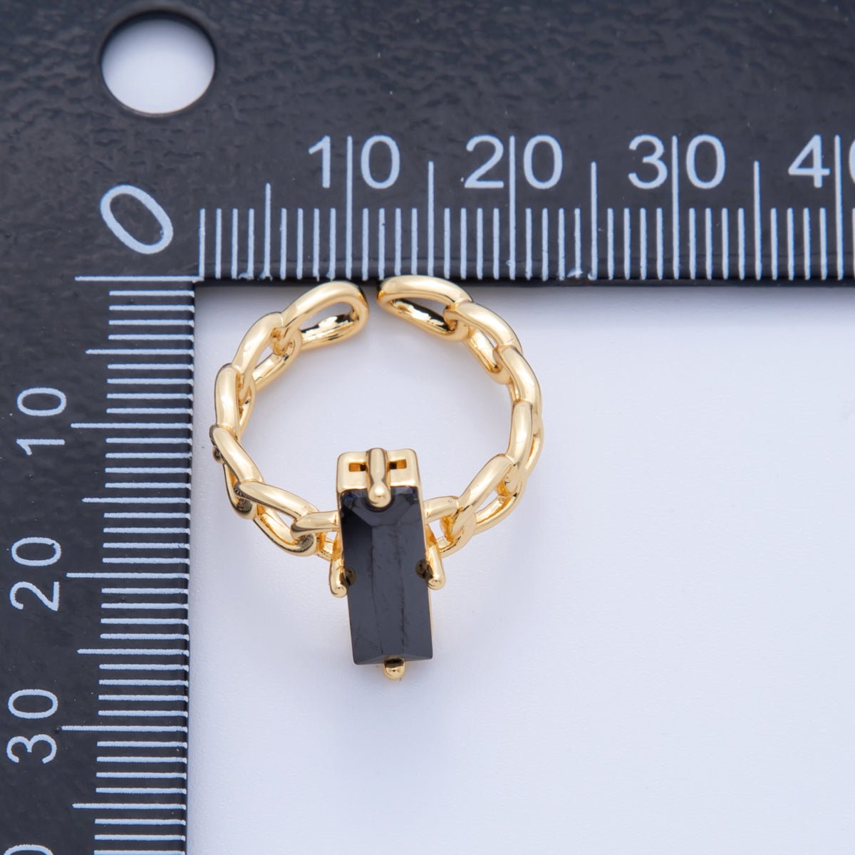 18K Gold Filled Black Baguette CZ Curb Band Solitaire Ring | O1838 - DLUXCA
