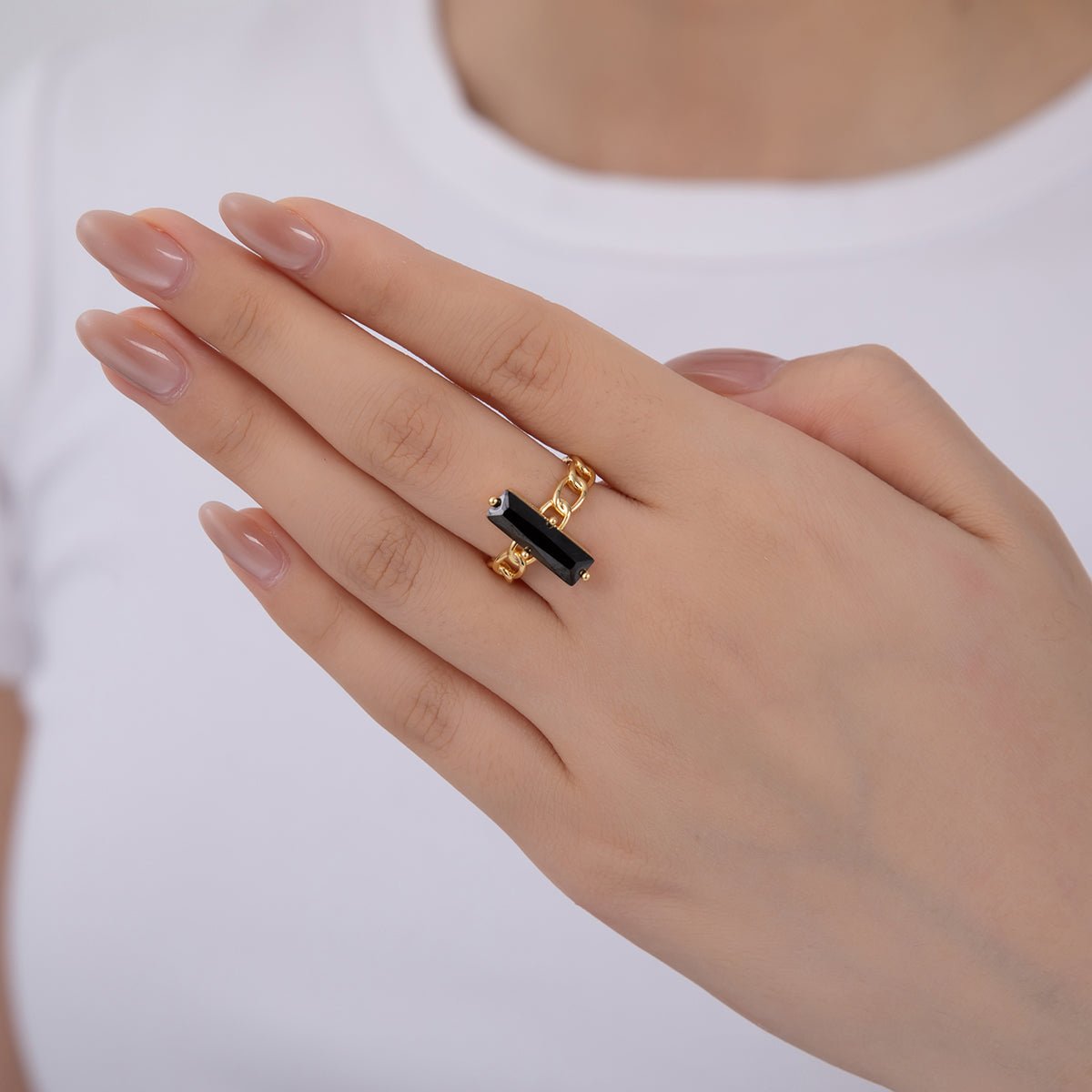 18K Gold Filled Black Baguette CZ Curb Band Solitaire Ring | O1838 - DLUXCA