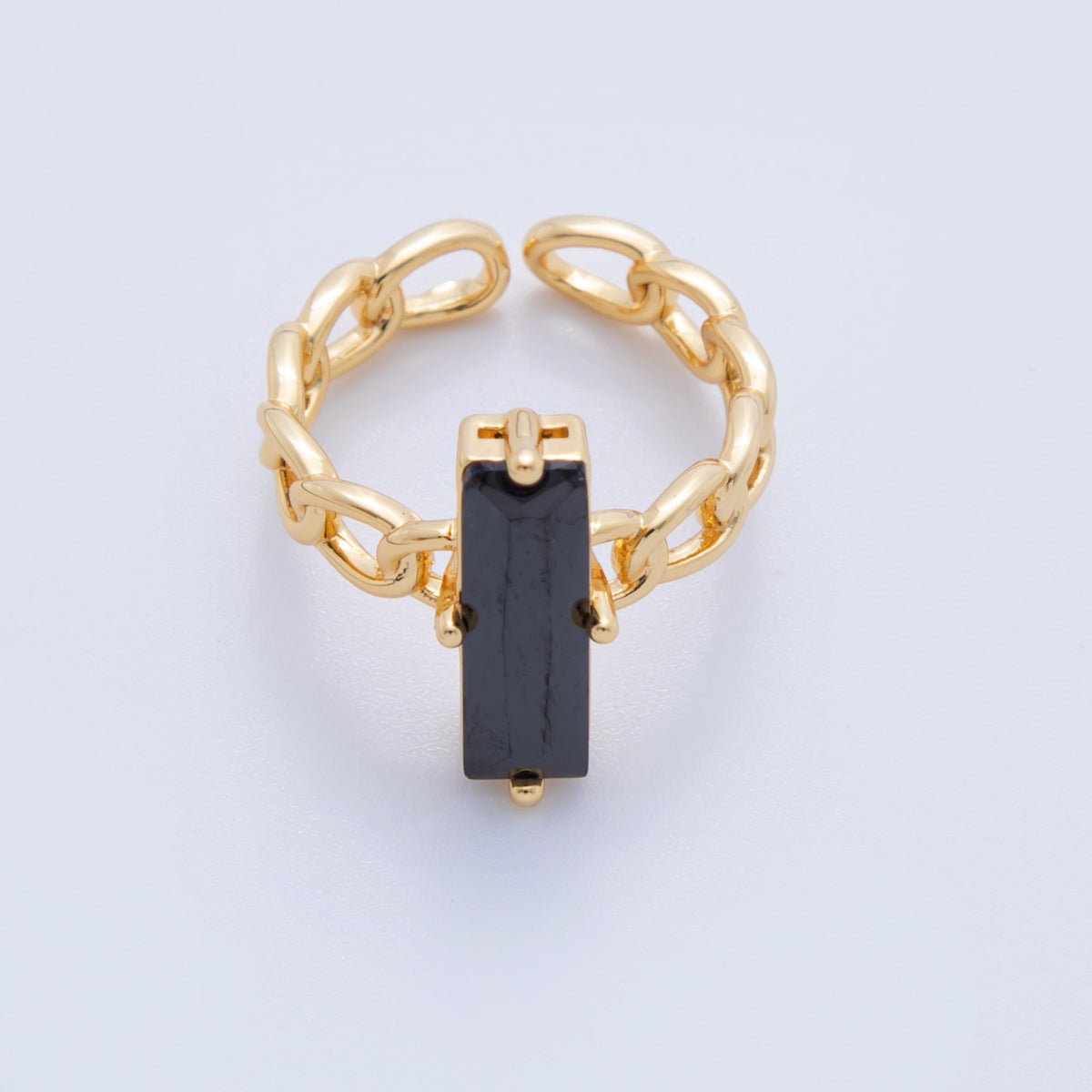 18K Gold Filled Black Baguette CZ Curb Band Solitaire Ring | O1838 - DLUXCA