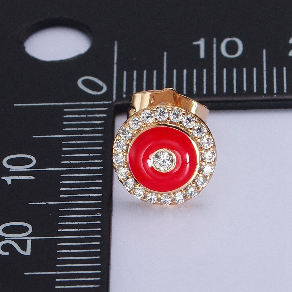 18K Gold Filled Black, Red, White Enamel Micro Paved CZ 10mm Round Stud Earrings | AB290 - AB292