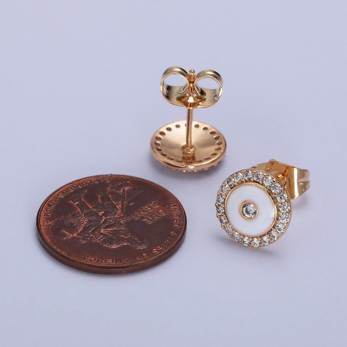 18K Gold Filled Black, Red, White Enamel Micro Paved CZ 10mm Round Stud Earrings | AB290 - AB292