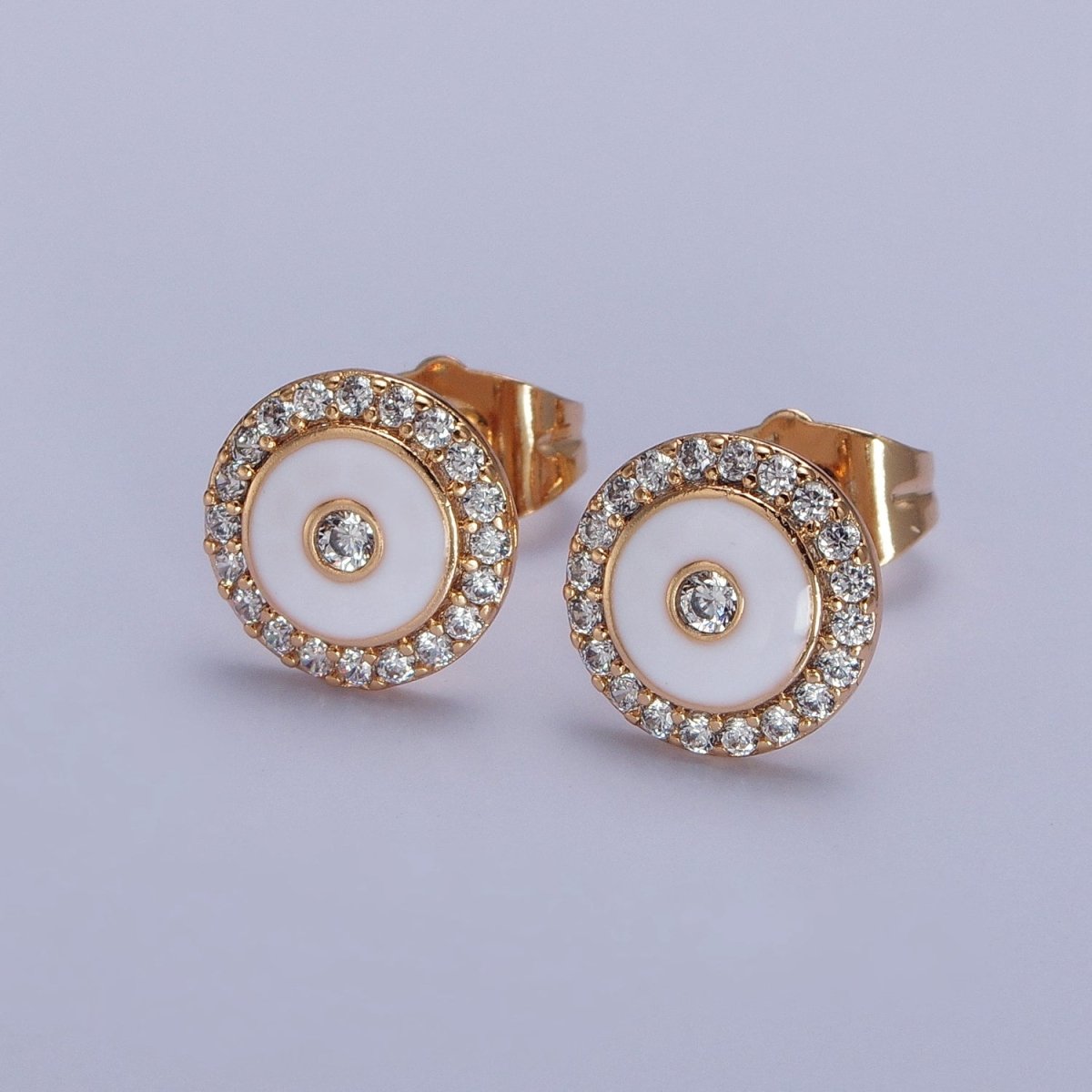 18K Gold Filled Black, Red, White Enamel Micro Paved CZ 10mm Round Stud Earrings | AB290 - AB292