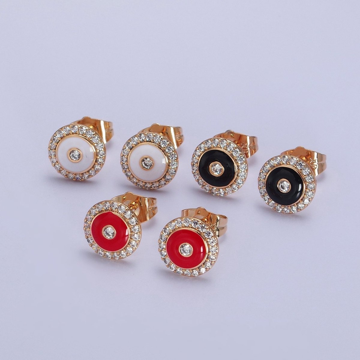 18K Gold Filled Black, Red, White Enamel Micro Paved CZ 10mm Round Stud Earrings | AB290 - AB292