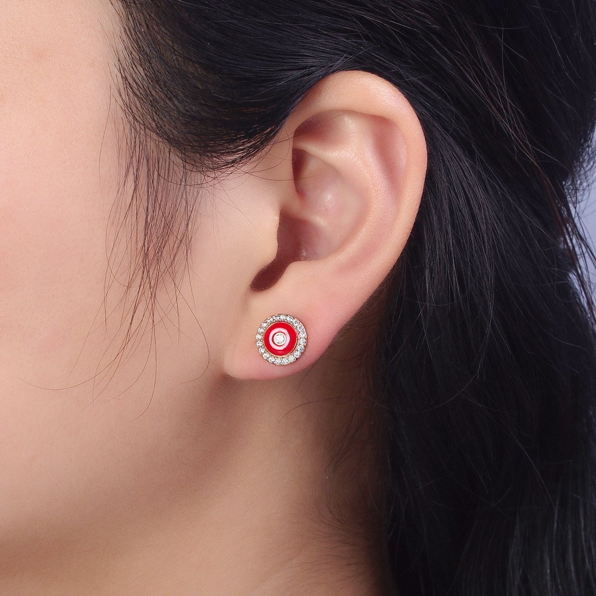 18K Gold Filled Black, Red, White Enamel Micro Paved CZ 10mm Round Stud Earrings | AB290 - AB292