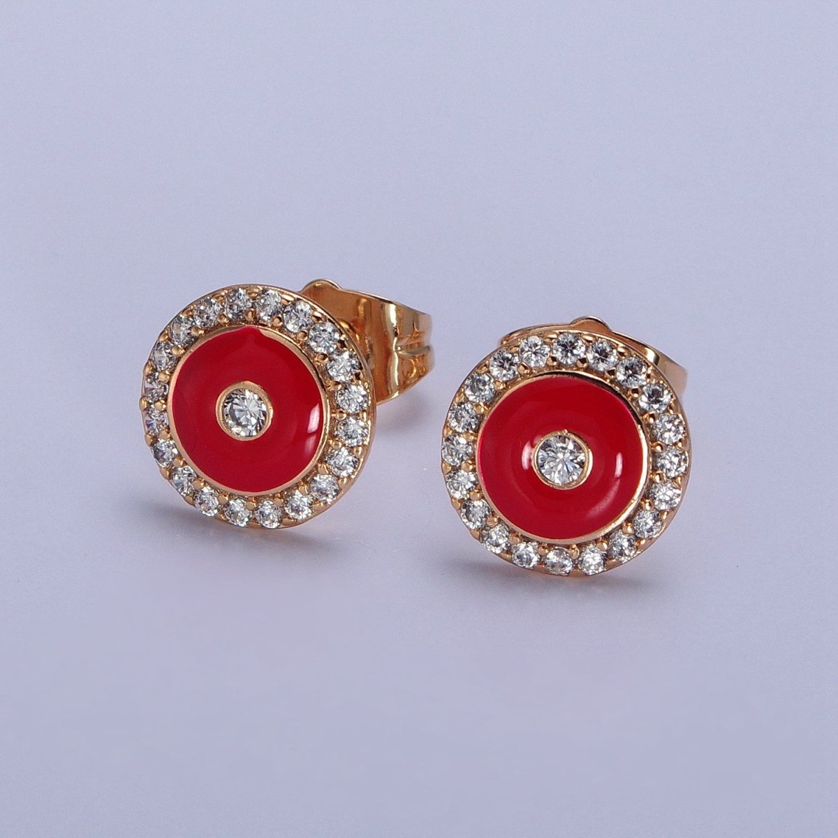 18K Gold Filled Black, Red, White Enamel Micro Paved CZ 10mm Round Stud Earrings | AB290 - AB292