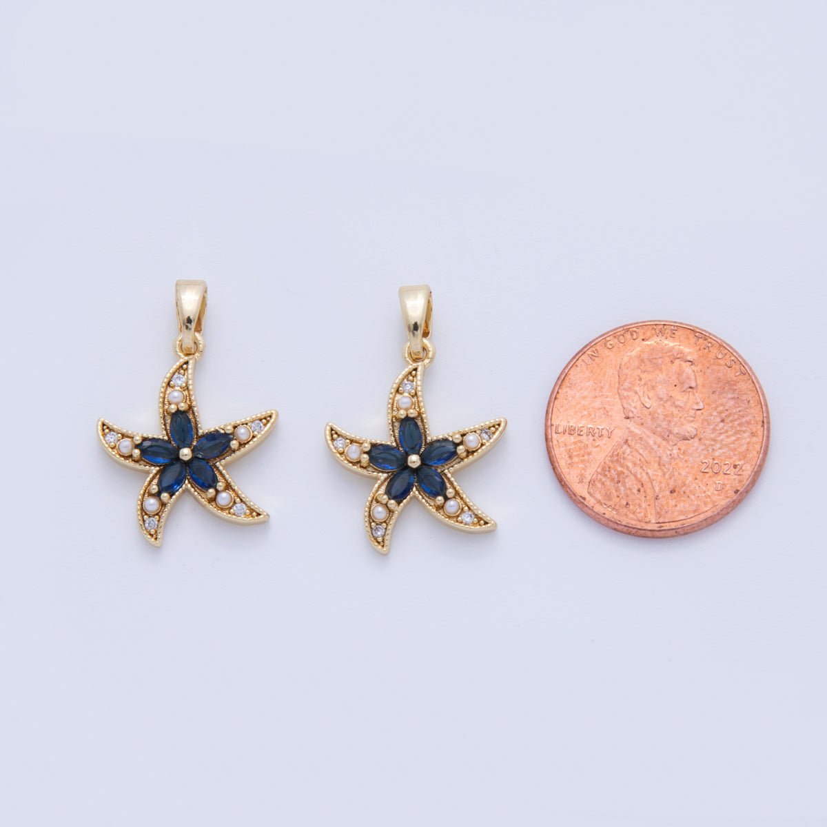 18K Gold Filled Blue CZ Shell Pearl Starfish Pendant | AH748 - DLUXCA