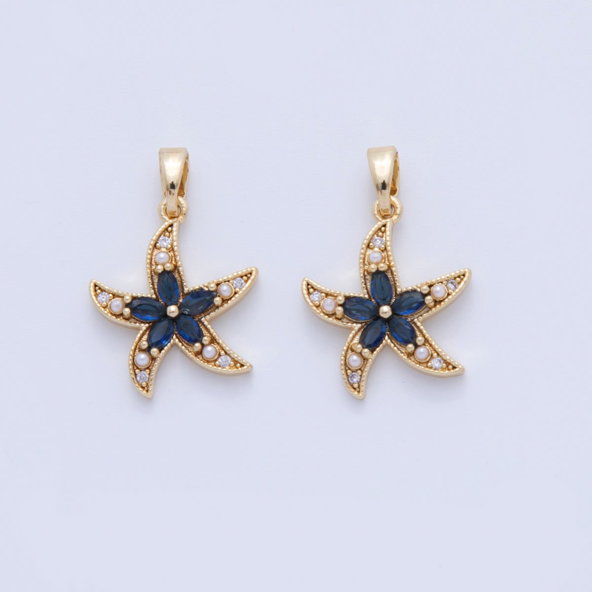 18K Gold Filled Blue CZ Shell Pearl Starfish Pendant | AH748 - DLUXCA