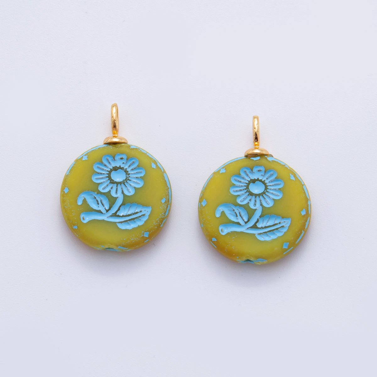 18K Gold Filled Blue Daisy Flower Green Round Drop Pendant | AF721 - DLUXCA