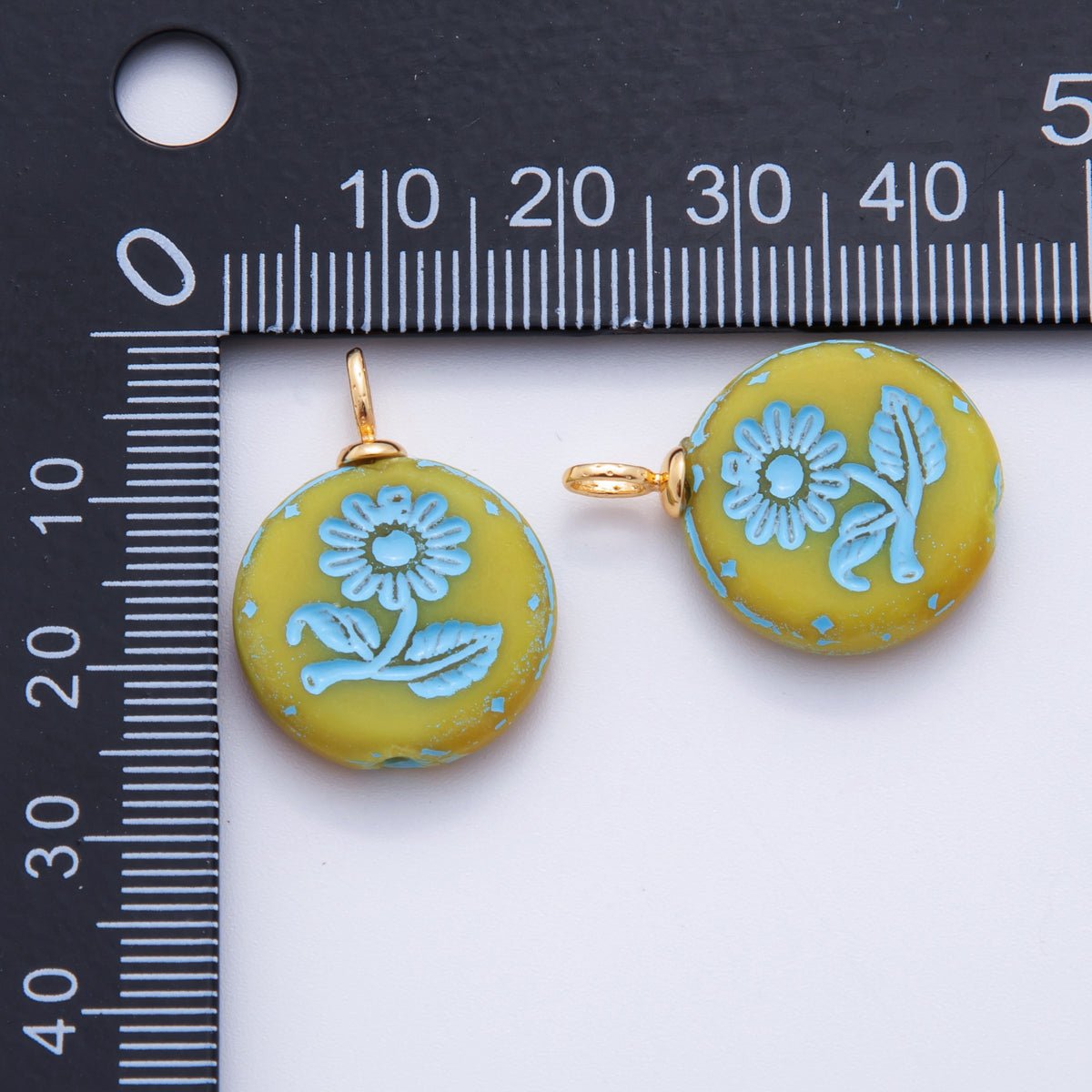 18K Gold Filled Blue Daisy Flower Green Round Drop Pendant | AF721 - DLUXCA