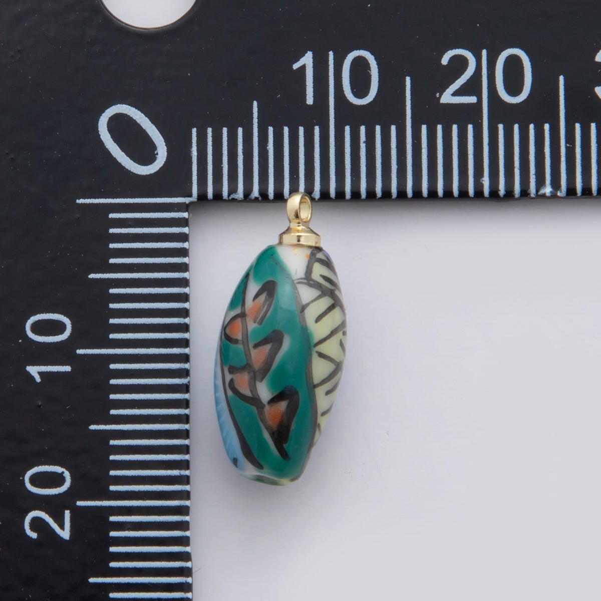 18K Gold Filled Blue - Green Abstract Doodle Oblong Ceramic Drop Pendant | X533 - DLUXCA
