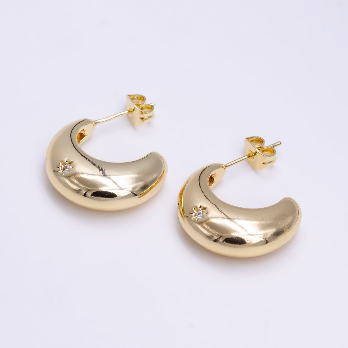 18K Gold Filled C Shape Hoop Earrings | Star Celestial Stud Earrings For women | Lightweight Hoop Earrings | Dainty Gold Hoops | Minimalist Earrings V-074 V-075