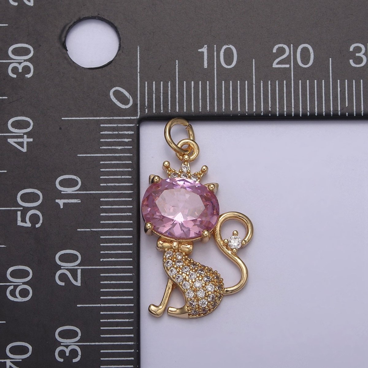 18K Gold Filled Cat Charm, Kitten Charm, Pink CZ Micro Pave Crystal Charm, Gold Cat Charm, Simple Cat Charm N-835