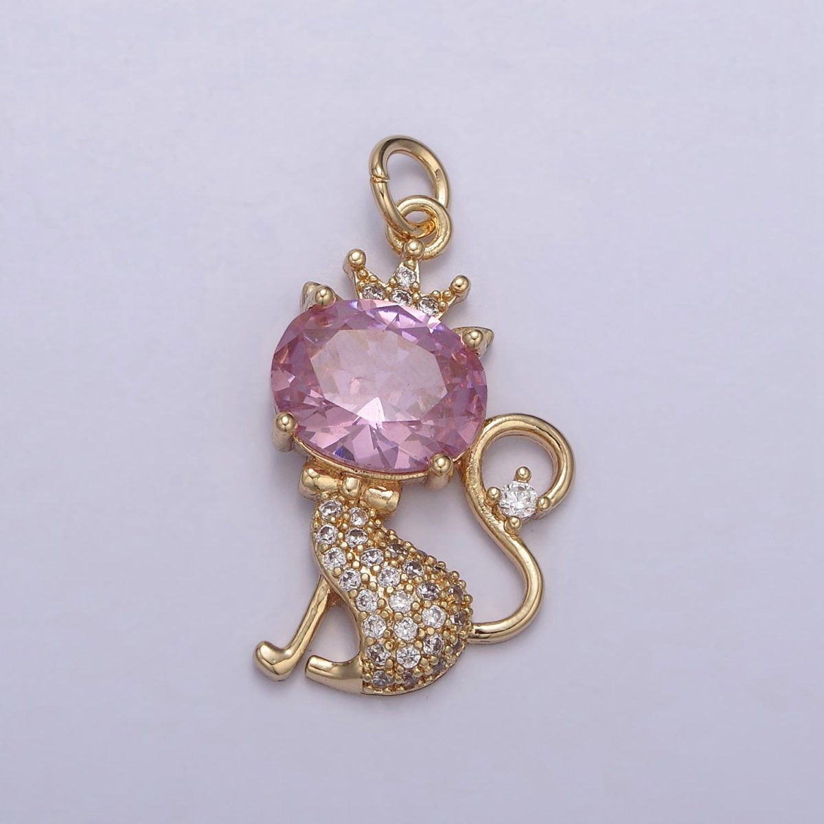 18K Gold Filled Cat Charm, Kitten Charm, Pink CZ Micro Pave Crystal Charm, Gold Cat Charm, Simple Cat Charm N-835