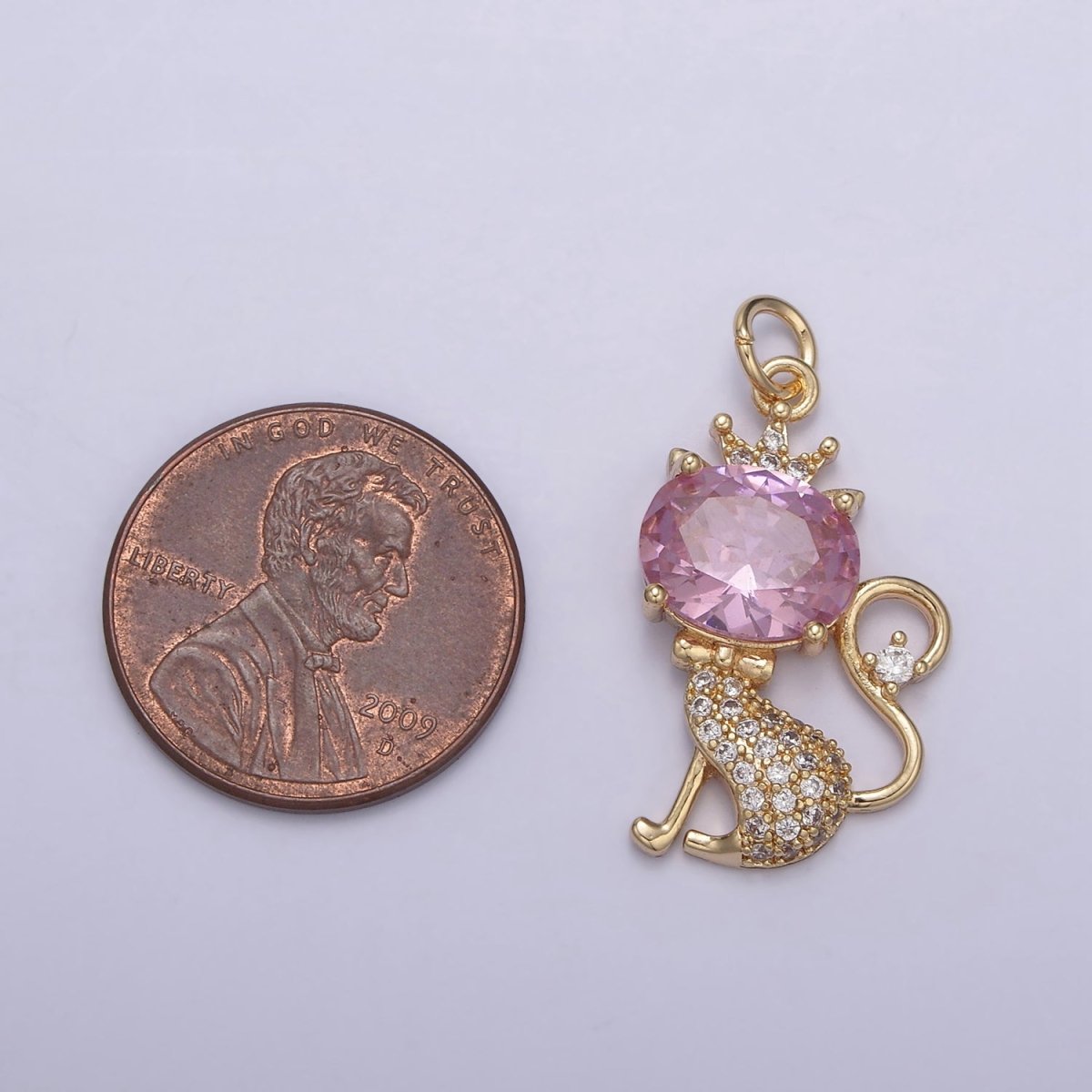 18K Gold Filled Cat Charm, Kitten Charm, Pink CZ Micro Pave Crystal Charm, Gold Cat Charm, Simple Cat Charm N-835