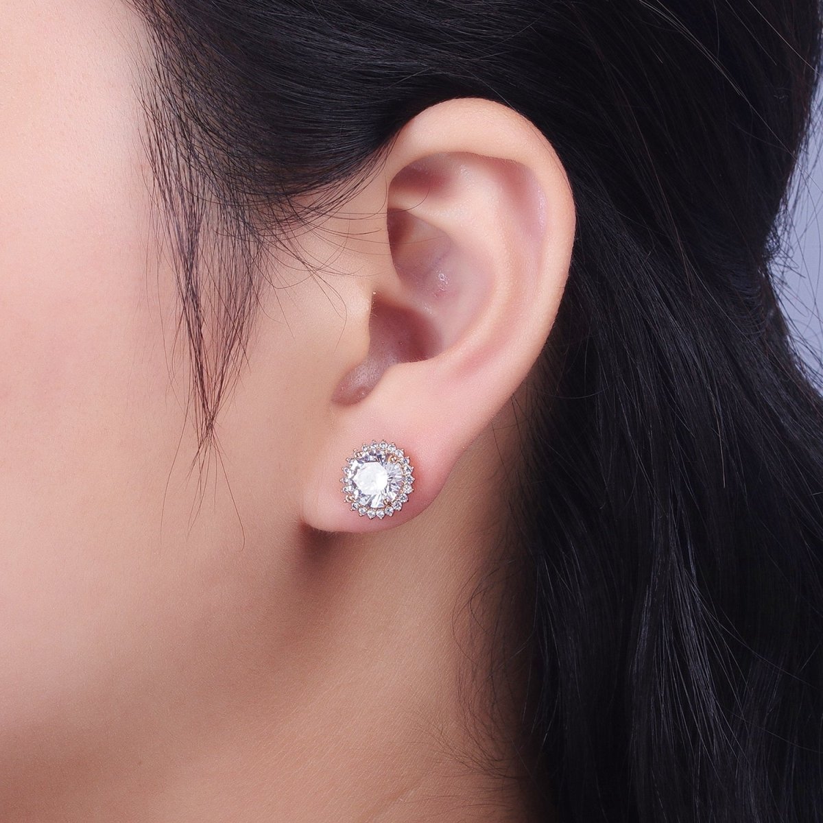 18K Gold Filled Celestial Sun Clear CZ Round Stud Earrings | Y-288 - DLUXCA