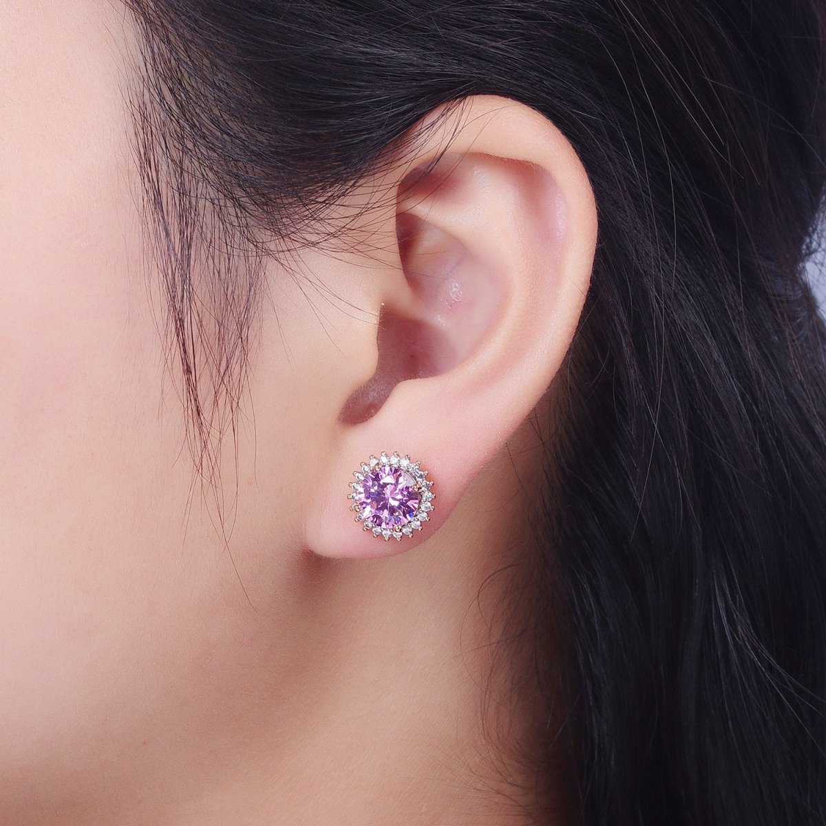 18K Gold Filled Celestial Sun Pink CZ 11.4mm Round Stud Earrings | V-008 - DLUXCA