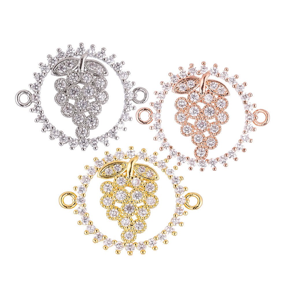 18K Gold Filled Charm Sparkle Elegant Cute Grapes Cubic Zirconia Bracelet Charm Double Bail Charm Finding Connector For Jewelry Making F-027
