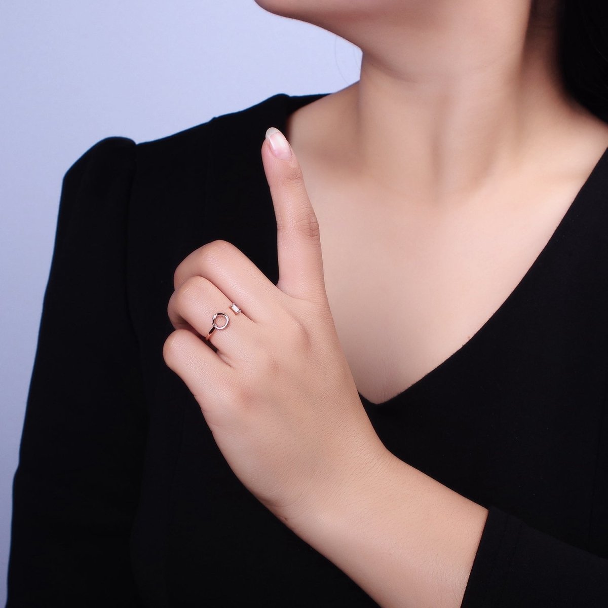 18K Gold Filled Clear Baguette Round Circular Open Adjustable Ring | O-011 - DLUXCA