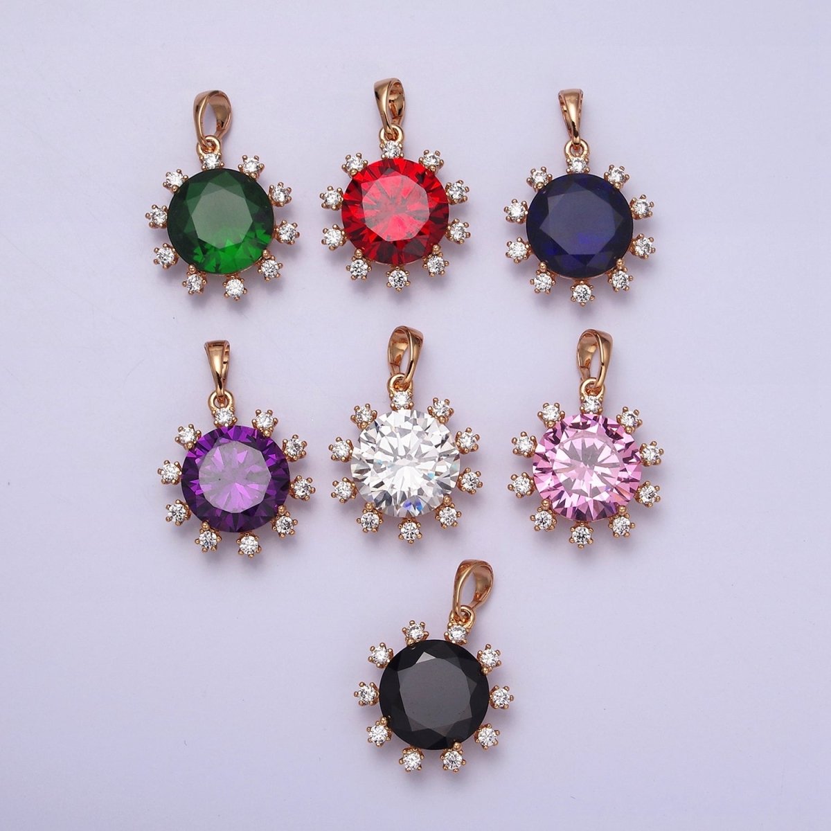 18K Gold Filled Clear, Black, Red, Pink, Purple, Green Round Dotted CZ Pendant | AA496 - AA501