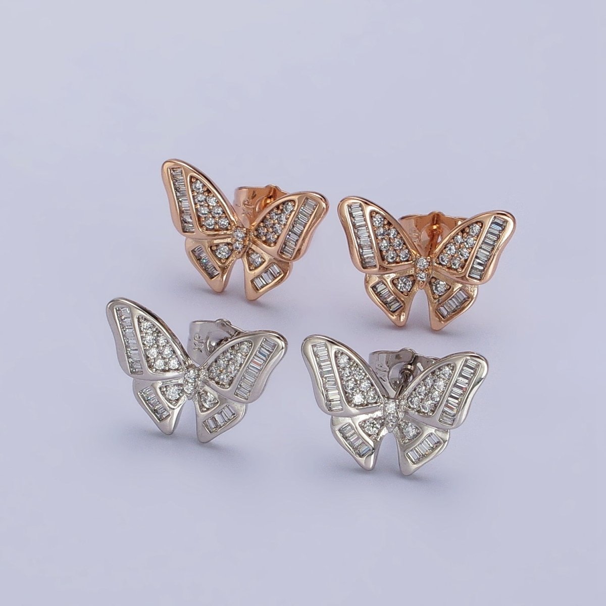 18K Gold Filled Clear Butterfly Mariposa Baguette Micro Paved Stud Earrings | AB1025 AB1086