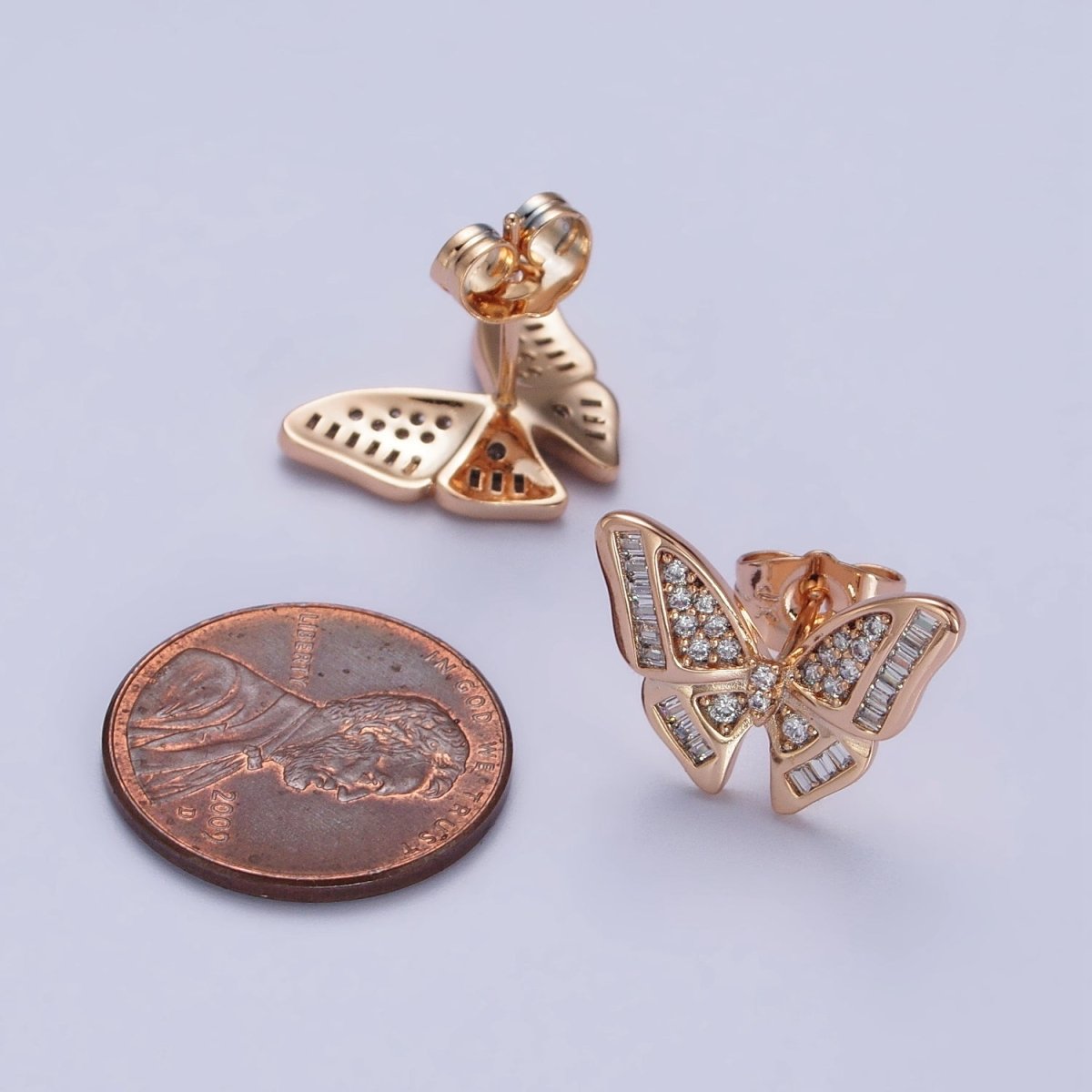 18K Gold Filled Clear Butterfly Mariposa Baguette Micro Paved Stud Earrings | AB1025 AB1086
