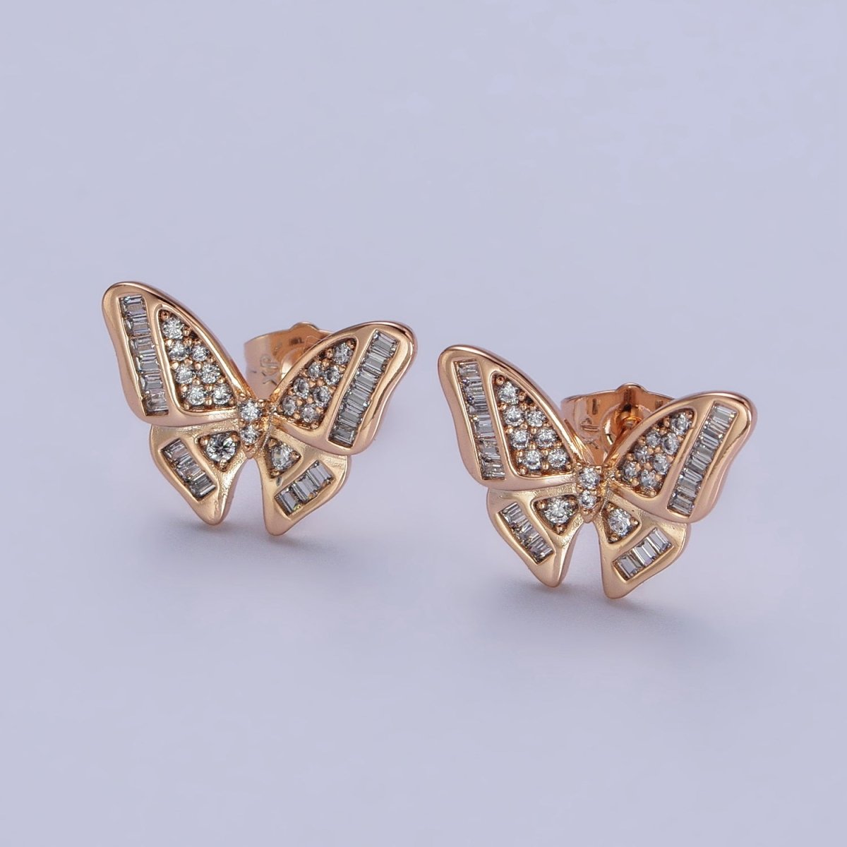 18K Gold Filled Clear Butterfly Mariposa Baguette Micro Paved Stud Earrings | AB1025 AB1086