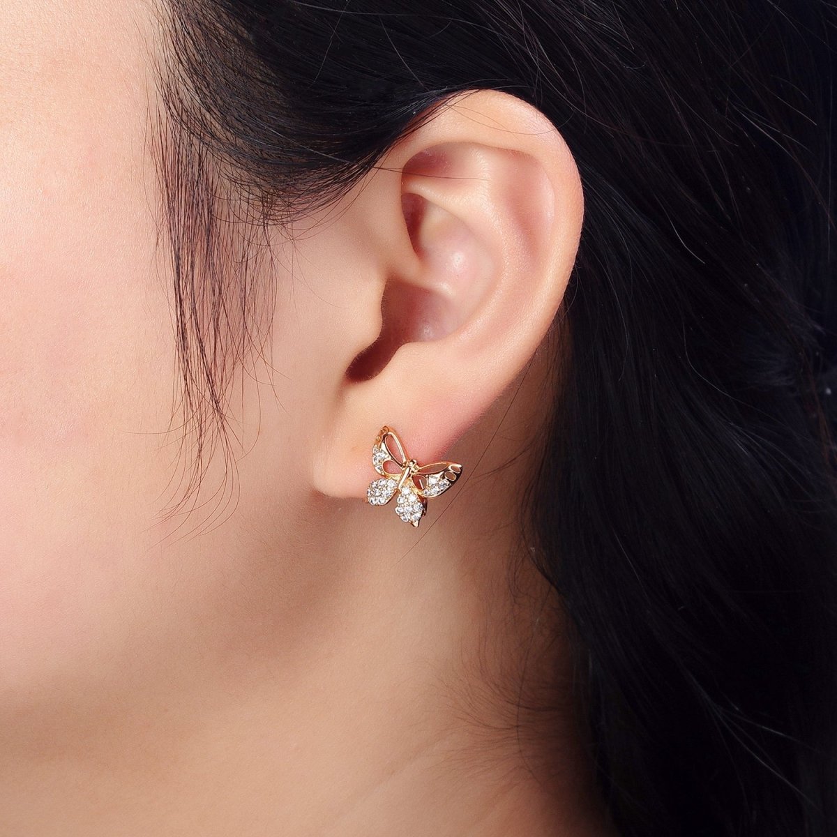 18K Gold Filled Clear Butterfly Mariposa Baguette Micro Paved Stud Earrings | AB1025 AB1086