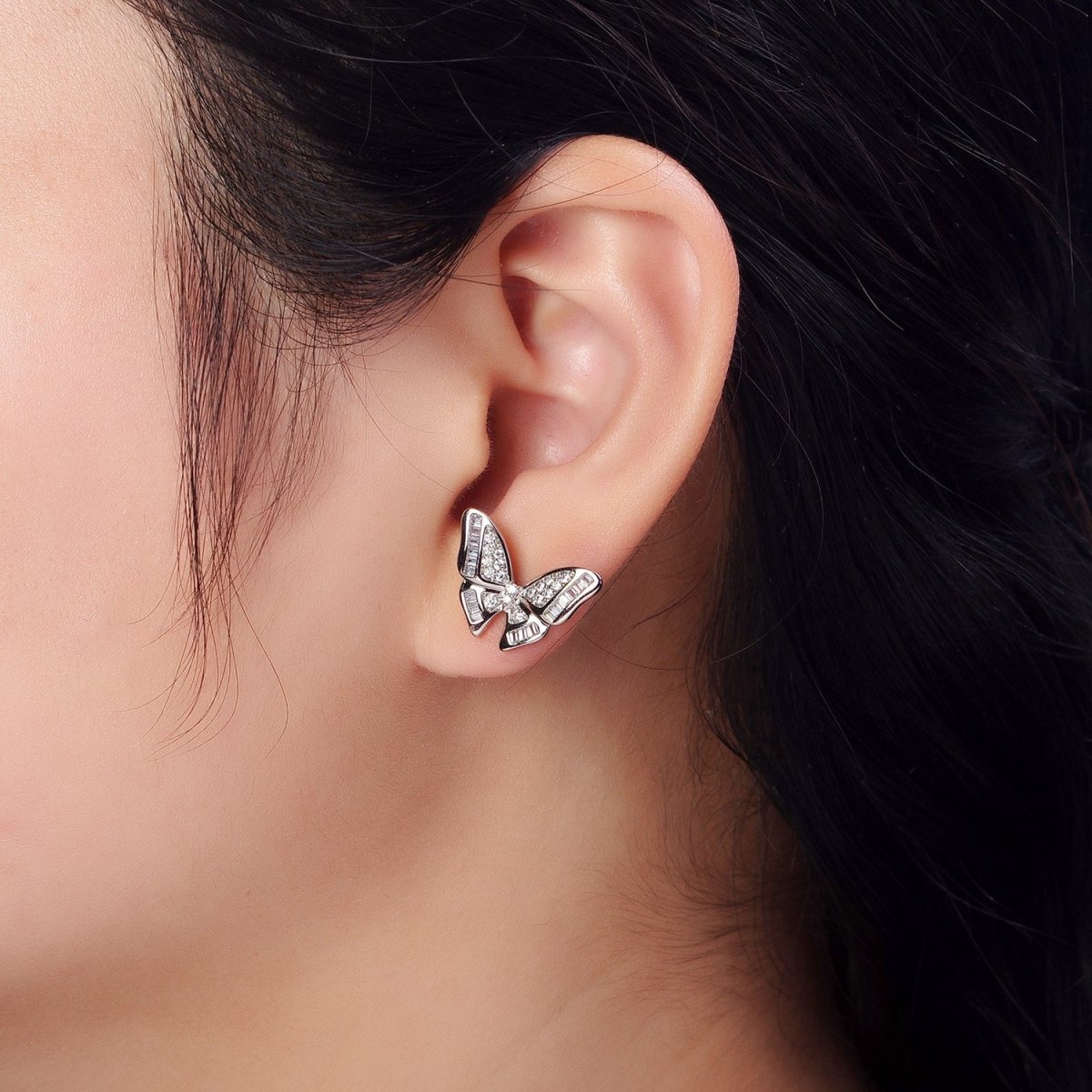 18K Gold Filled Clear Butterfly Mariposa Baguette Micro Paved Stud Earrings | AB1025 AB1086