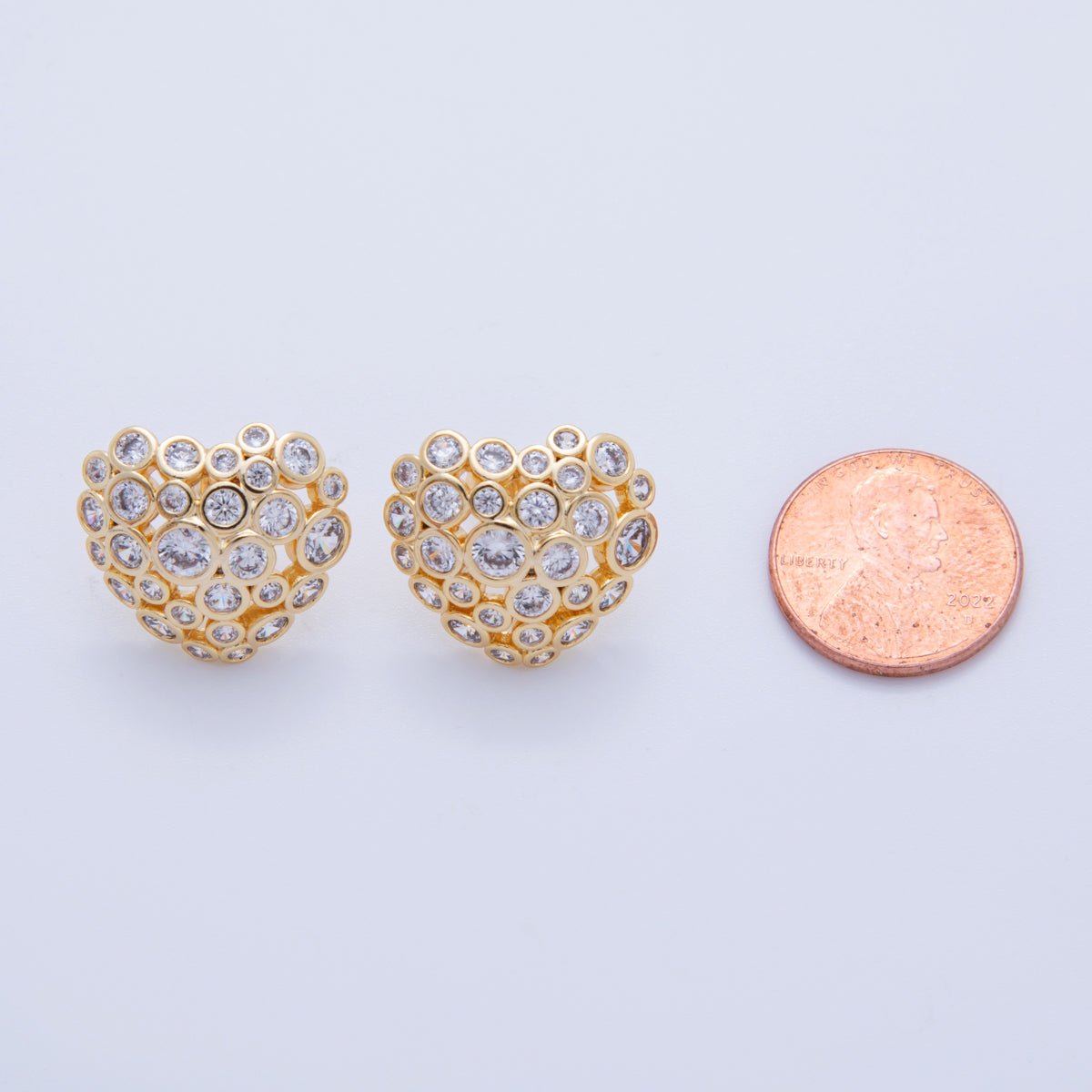 18K Gold Filled Clear CZ Dotted Dome Heart Stud Earrings | AI358 - DLUXCA