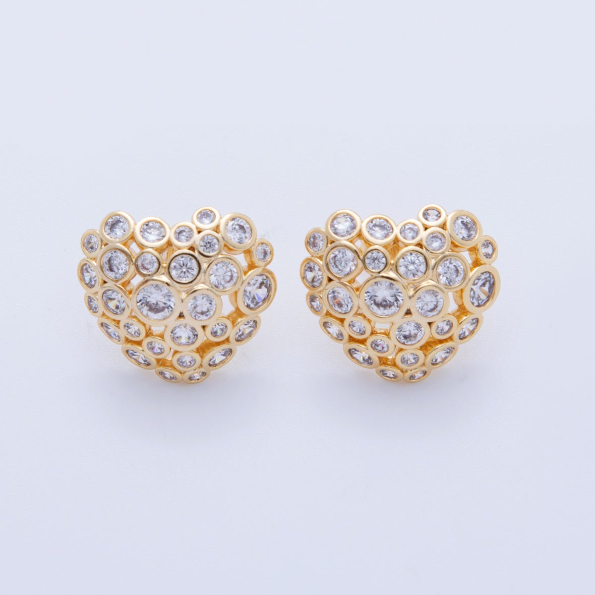 18K Gold Filled Clear CZ Dotted Dome Heart Stud Earrings | AI358 - DLUXCA