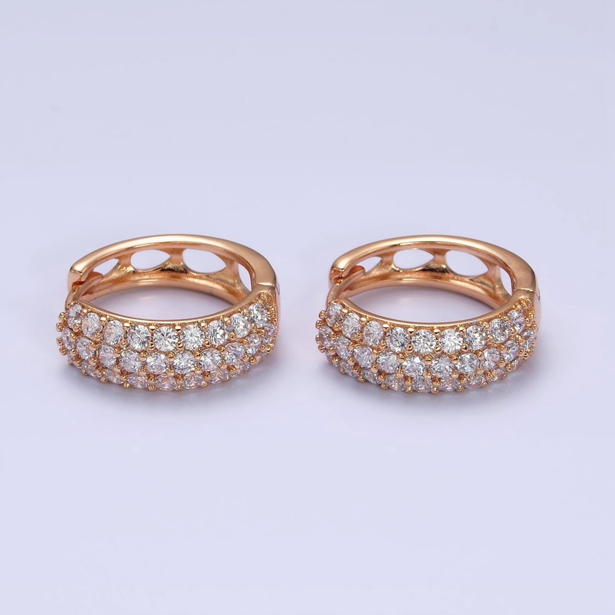 18K Gold Filled Clear CZ Triple Micro Paved Teardrop Filigree Huggie Hoop Earrings | AD1369 - DLUXCA