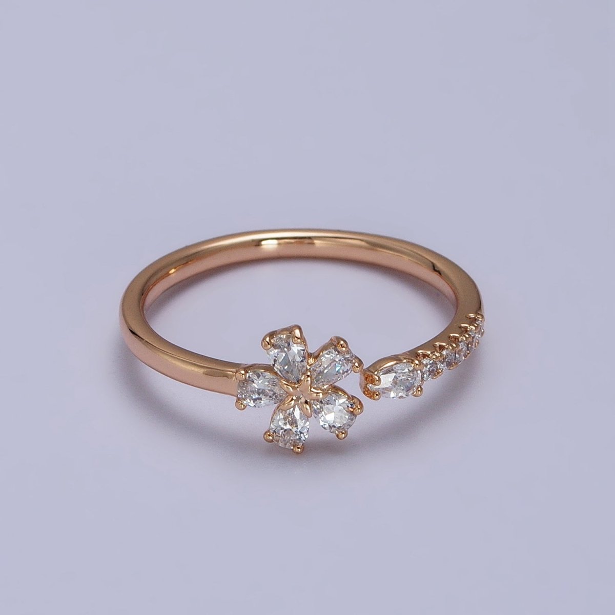 18K Gold Filled Clear Flower Teardrop CZ Micro Paved Adjustable Ring | R-102