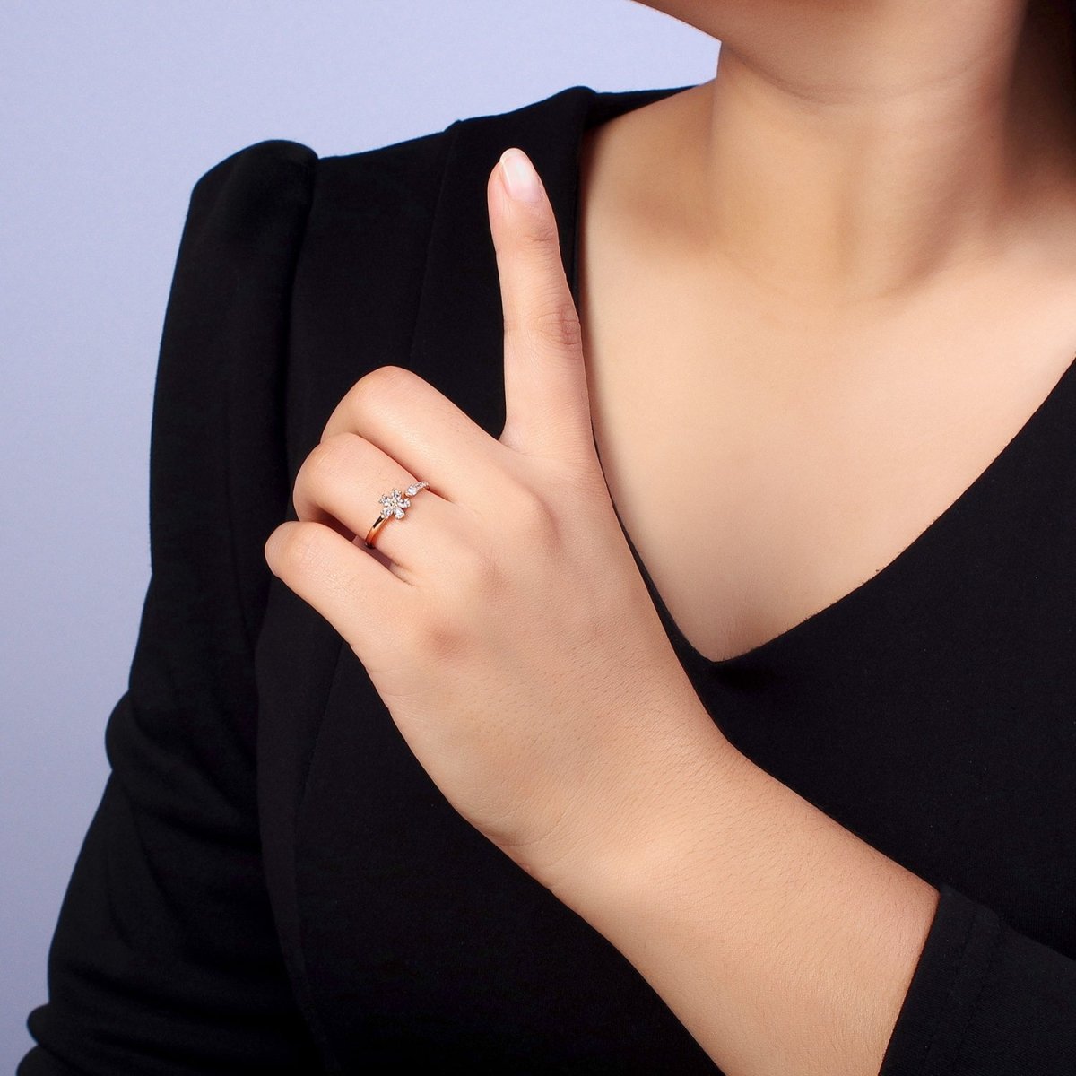 18K Gold Filled Clear Flower Teardrop CZ Micro Paved Adjustable Ring | R-102